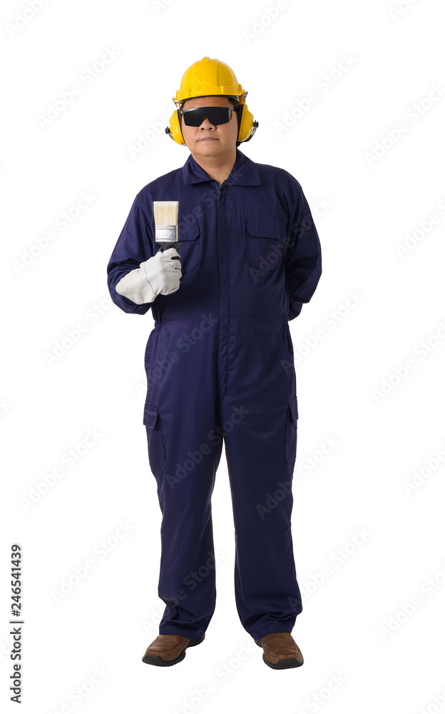Full body portrait of a worker in Mechanic Jumpsuit is holding a paint brush isolated on white background