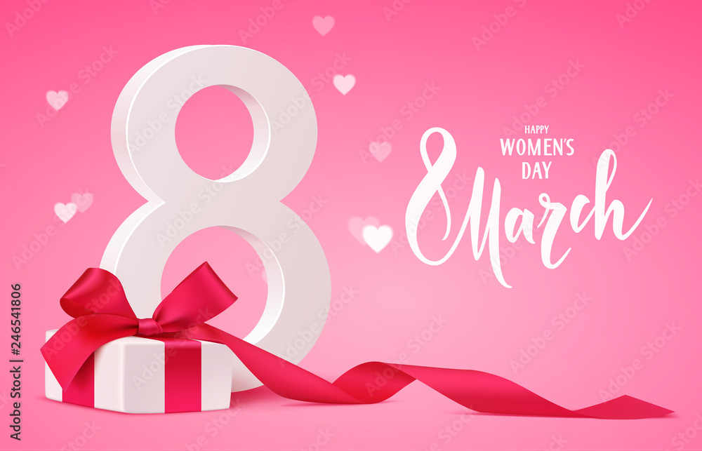 Happy Women's Day design template. 8 march background with gift box and blur hearts. Vector illustration - obrazy, fototapety, plakaty 