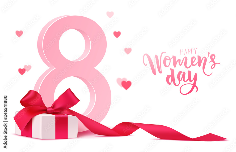 Happy Women's Day design template. 8 march background with gift box and blur hearts isolated on white. Vector illustration - obrazy, fototapety, plakaty 