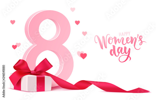 Happy Women's Day design template. 8 march background with gift box and blur hearts isolated on white. Vector illustration