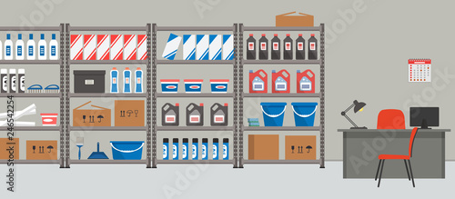 Storeroom. Workplace of the storekeeper. Shelving with household goods. Warehouse racks. There are also a desk, a lamp, a computer, a calendar, chairs and other things in the picture. Vector 