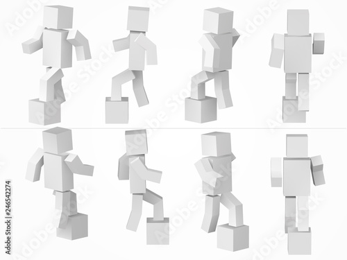 a cubic character climbing to box. 3d style simple cube character illustration.