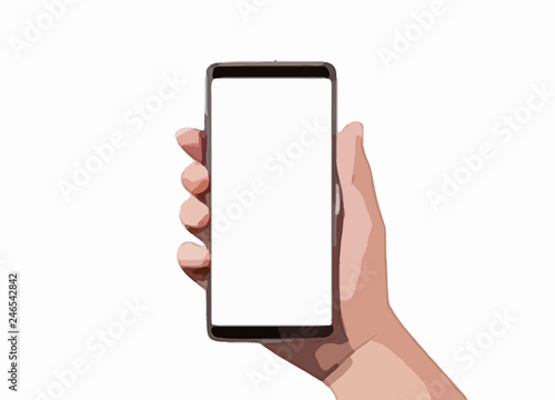 hand holding smart phone with blank screen isolated on white