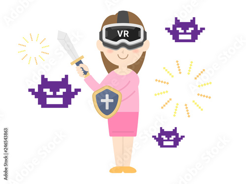 VRゴーグルを装着してゲームをする女性のイラスト