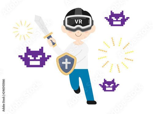 VRゴーグルを装着してゲームをする男性のイラスト