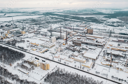 Aerial shot of chemical industry plant in winter