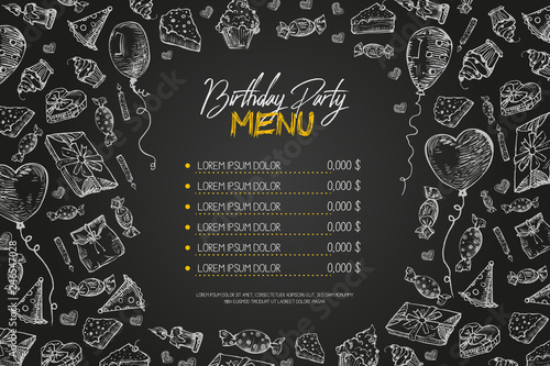 Kids birthday menu vector template, cute children birthday restaurant creative flyer, on black background. Chalk on blackboard hand drawn sketch style illustration Hand drawn vector illustration.