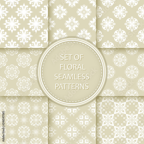 Compilation of floral patterns. White design with flowers on olive green background