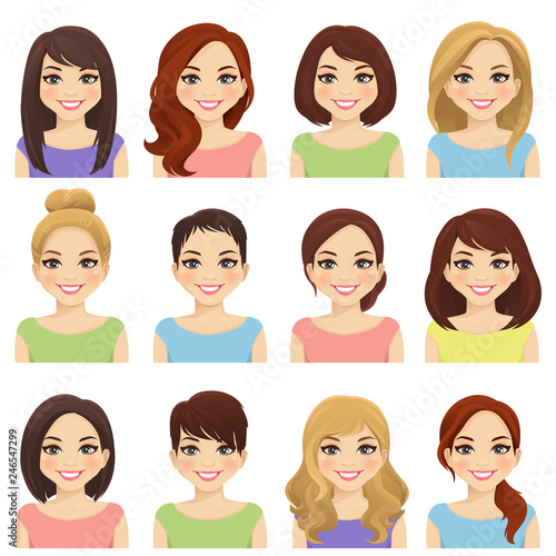 Set of cute girls with different hairstyles and color vector illustration isolated