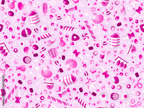 Cute seamless pattern with colorful sweets, cakes, lollipops. Cartoon seamless pattern with candy and sweet dessert. Fun colorful sweet pattern with candy, ice cream, round lollipops. Candy pattern