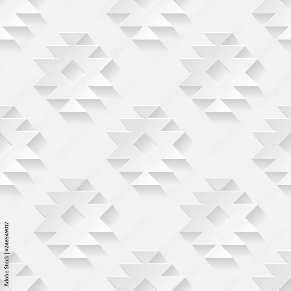 Seamless pattern. Tribal ornament. White geometric 3D shapes on white background. Can be used for wallpaper, textile, invitation card, wrapping, web page background. Seamless pattern. Tribal ornament. White geometric 3D shapes on white background. Can be used for wallpaper, textile, invitation card, wrapping, web page background.