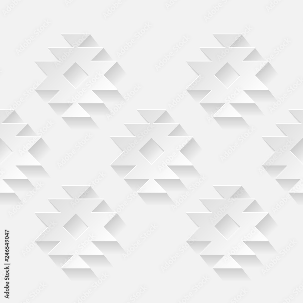 Fototapeta premium Seamless pattern. Tribal ornament. White geometric 3D shapes on white background. Can be used for wallpaper, textile, invitation card, wrapping, web page background.