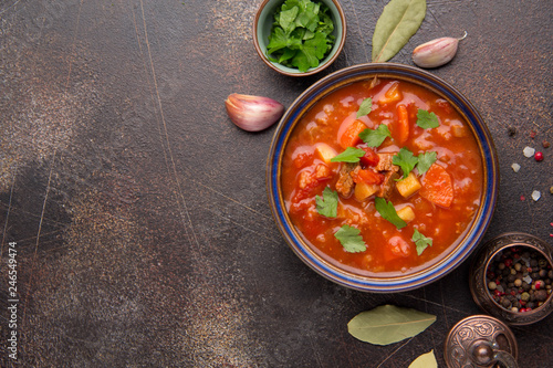 Fotografie Thick tomato soup with meat, cereals and vegetables