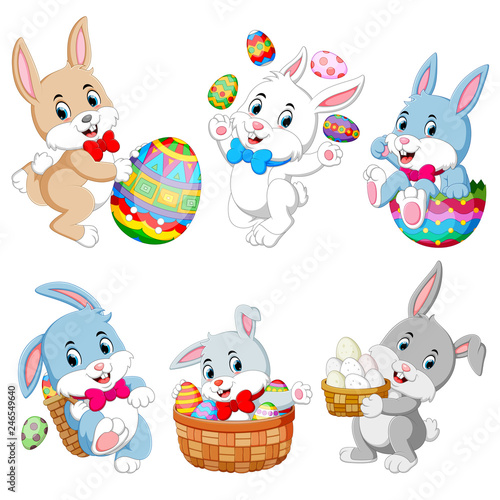 Set of cute Easter rabbits with Easter eggs