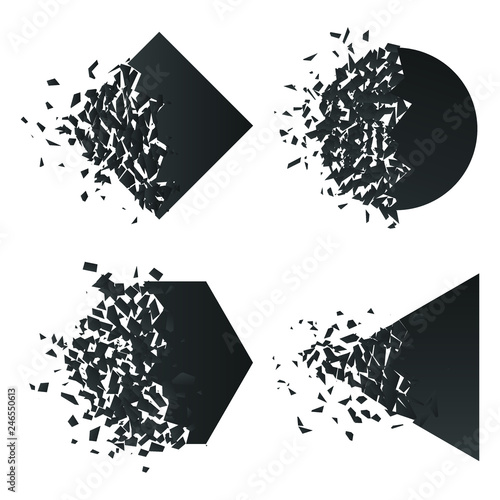 Shape explodes gradient flat style design vector illustration set isolated on white background. Square rhombus, circle, hexagon, triangle shapes in grayscale gradient exploding.