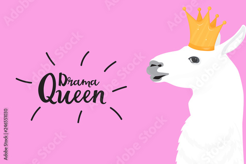 Alpaca in a golden crown. Fun quote Drama Queen. Print for card, poster, t-shirt