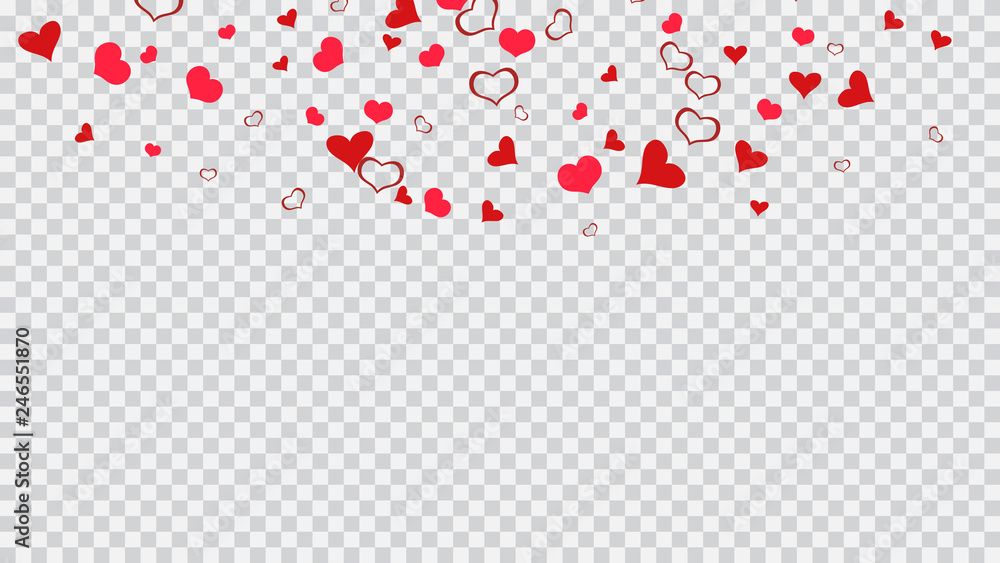 Design element for wallpaper, textiles, packaging, printing, holiday invitation for wedding. Red hearts of confetti crumbled. Red on Transparent fond Vector. Festive background.