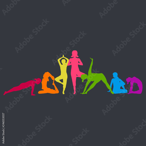 Colorful woman silos in various poses of yoga.  Fitness Concept. Gymnastics. Aerobics. Vector illustration
