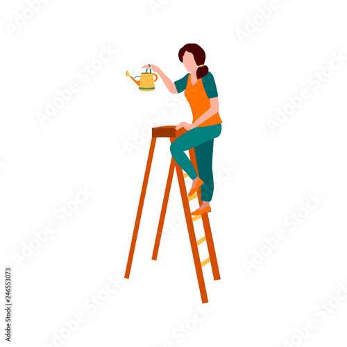Woman with watering can on ladder. Woman - gardener. Vector cartoon illustration isolated on the white background.