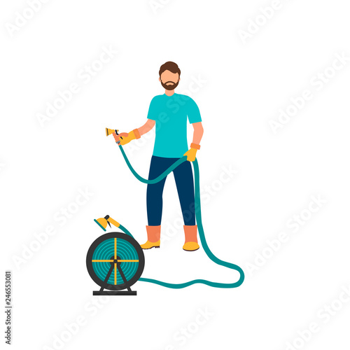 Man is watering  from the hose. Concept of gardening. Vector illustration in flat style