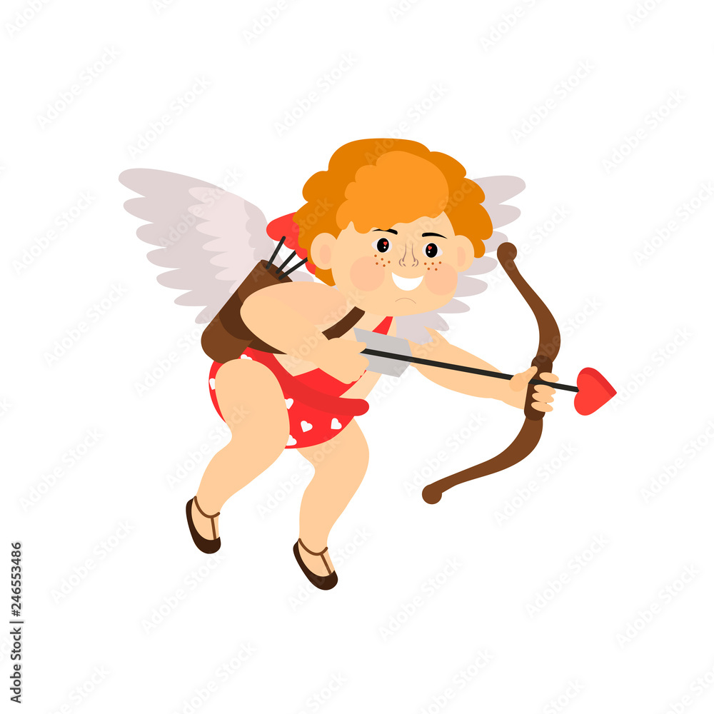 Cute little cupid with a bow takes and arrows. Vector illustration isolated on white background for Valentine's day design. Cute little cupid with a bow takes and arrows. Vector illustration isolated on white background for Valentine's day design.