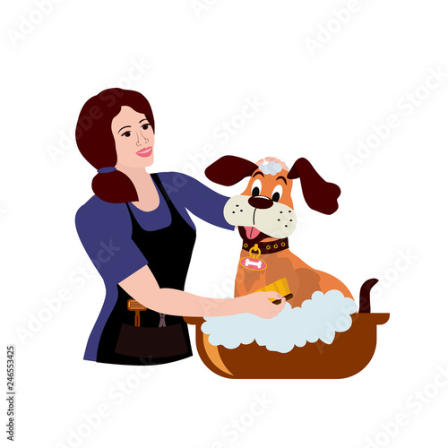 Cute dog taking shower in bath and pets hairdresser woman. Logo for dog hair salon, styling and grooming shop, store for pets. Vector illustration