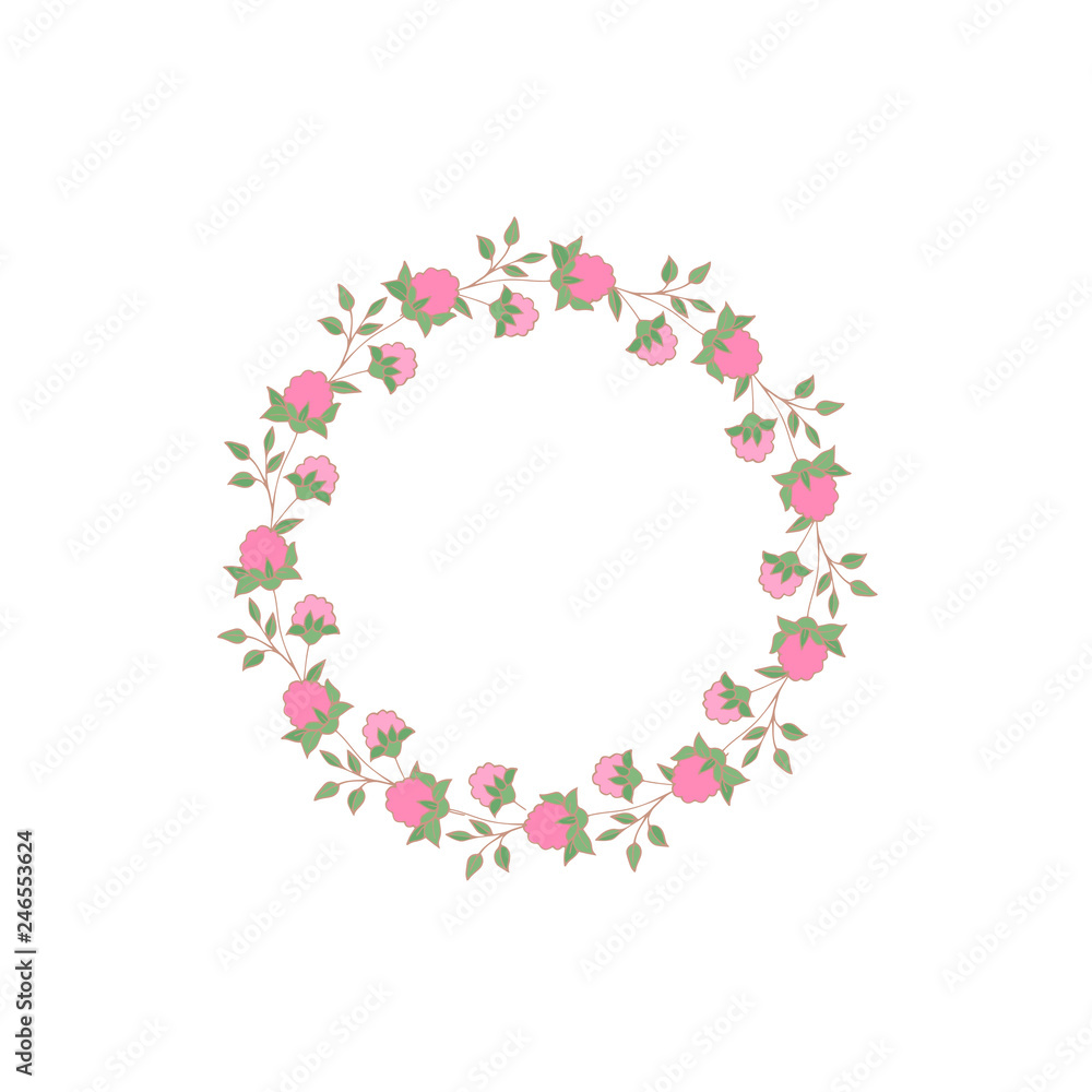Wreath (circle frame) with flowers and leaves, hand drawn template. Design for invitation, wedding or greeting cards. Vector illustration.
