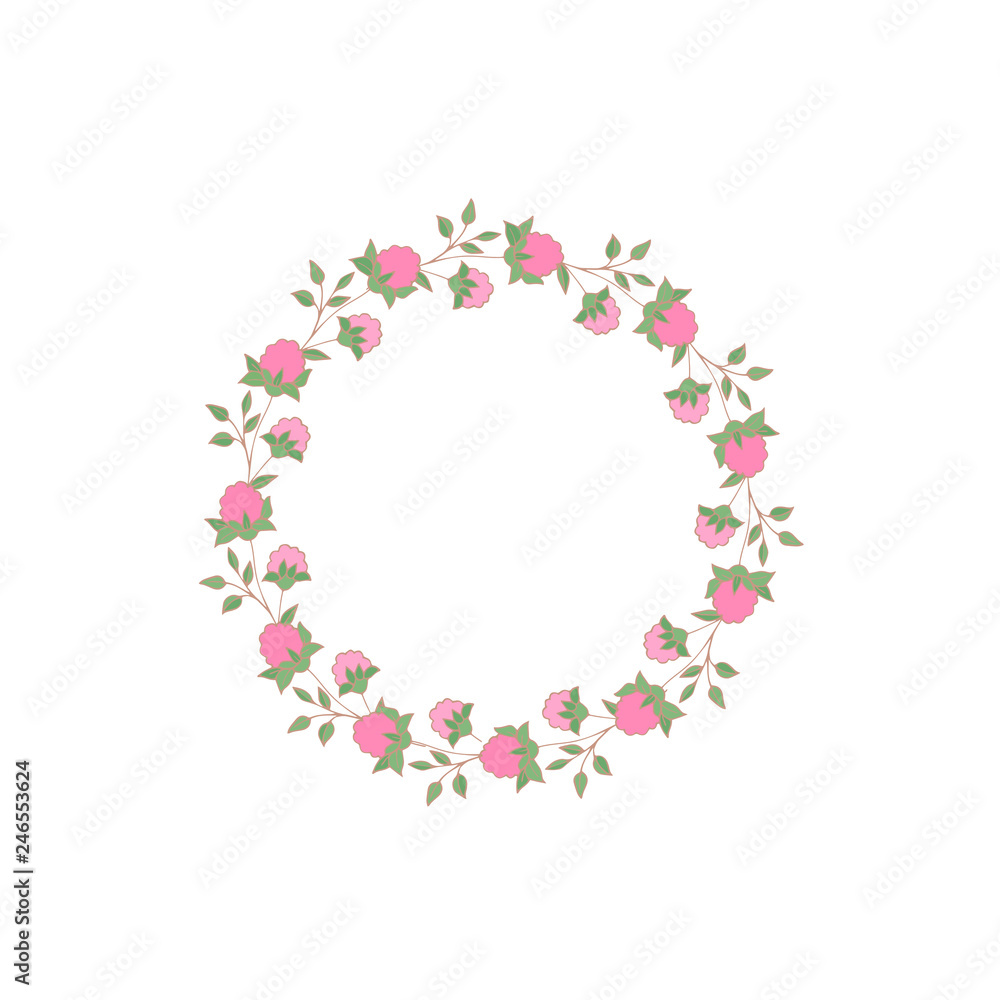 Wreath (circle frame) with flowers and leaves, hand drawn template. Design for invitation, wedding or greeting cards. Vector illustration. Wreath (circle frame) with flowers and leaves, hand drawn template. Design for invitation, wedding or greeting cards. Vector illustration.