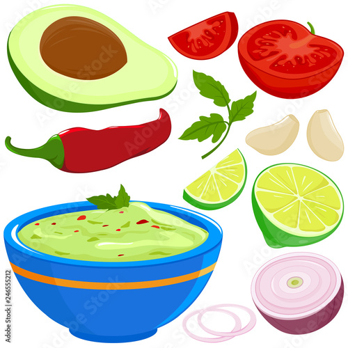 Ingredients for guacamole sauce and bowl of avocado guacamole dip. Vector illustration