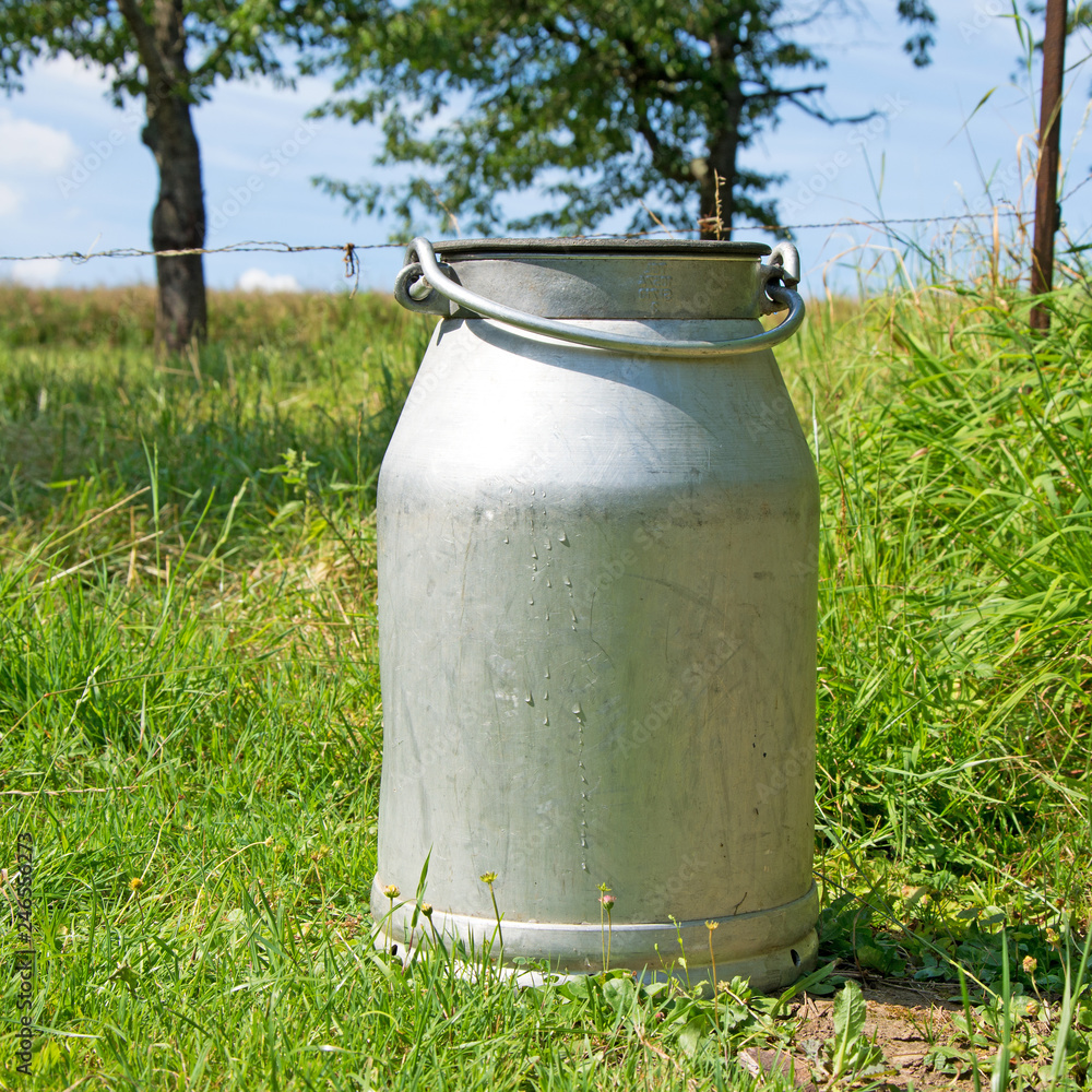 Alte Milchkanne aus Aluminium vor einer Viehweide Alte Milchkanne aus Aluminium vor einer Viehweide