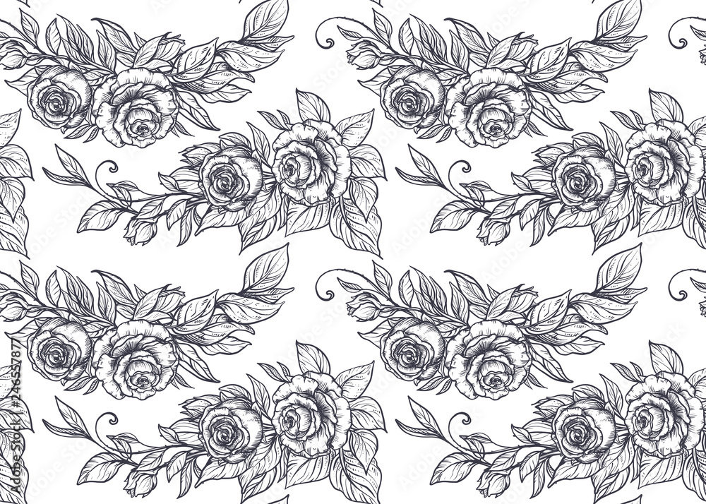 Fototapeta premium Seamless pattern with graphic rose flowers, vector floral endless background