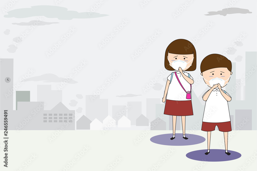 Men and women wear masks N95 to prevent air pollution in the city PM 2.5 in dust meter. Such as dust, smoke and smell Concept flat style vector illustration environmental impact.-EPS 10 Men and women wear masks N95 to prevent air pollution in the city PM 2.5 in dust meter. Such as dust, smoke and smell Concept flat style vector illustration environmental impact.-EPS 10