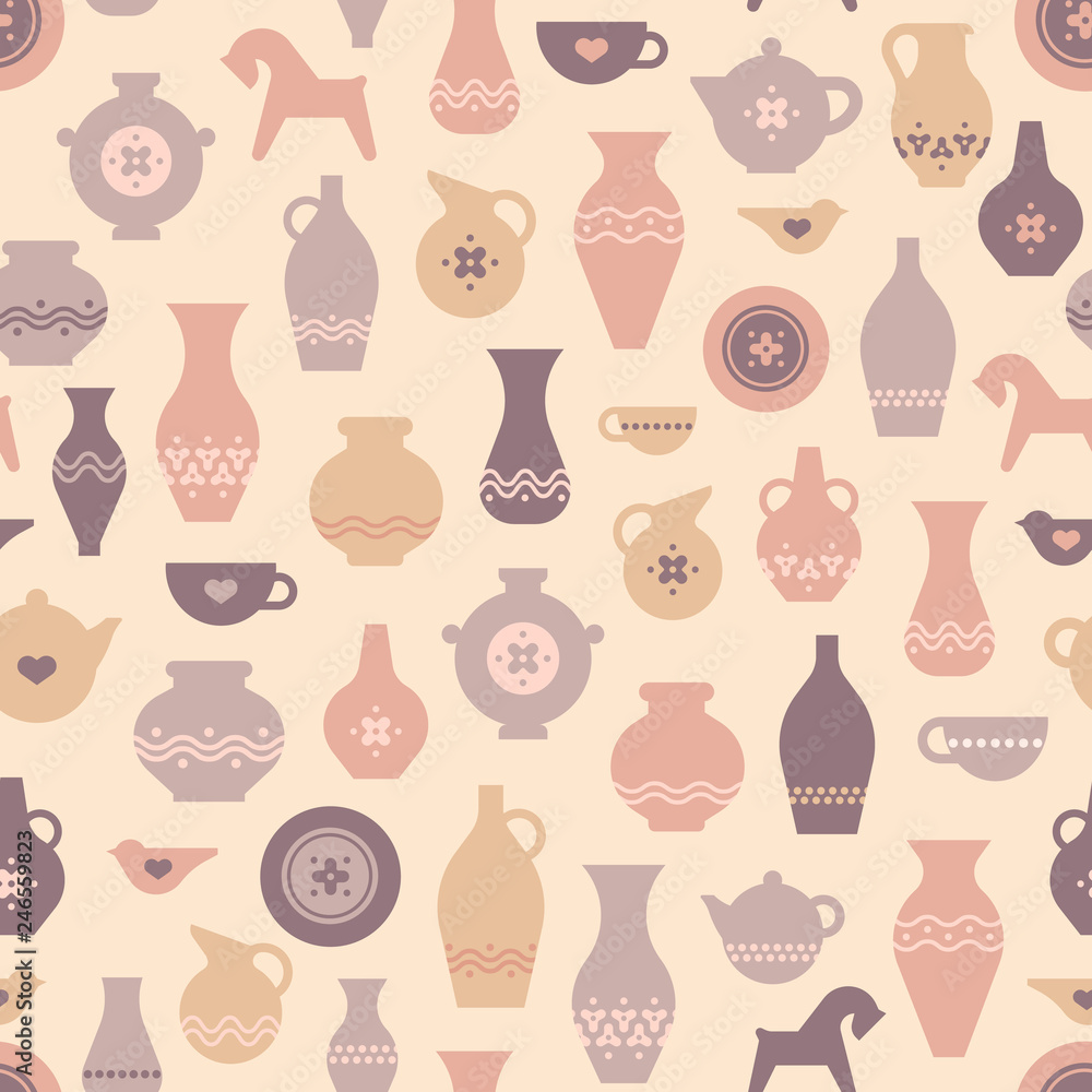 Vector pottery seamless pattern - ceramics or pottery bowl, urn for art studio, design elements for a hobby, masterclass. Greek vase, amphora, antique pitcher. Vector pottery seamless pattern - ceramics or pottery bowl, urn for art studio, design elements for a hobby, masterclass. Greek vase, amphora, antique pitcher.