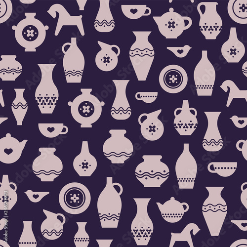 Vector pottery seamless pattern - Greek vase, amphora, antique pitcher. Ceramics or pottery bowl, urn for art studio, design elements for a hobby, masterclass.