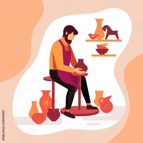Master potter makes a clay vase. Vector illustration of the work of a pottery artisan. Pottery workshop poster. A happy potter making a ceramic pot on the pottery wheel in the workshop.