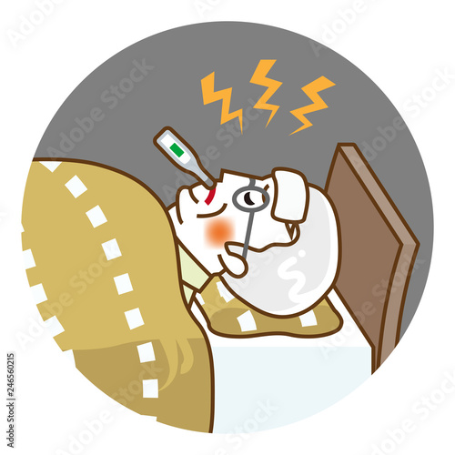 Senior man suffers fever of disease - Circular clip art, contour