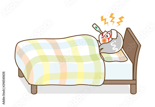 Senior woman rest in bed who suffers fever of disease - Full length, line art