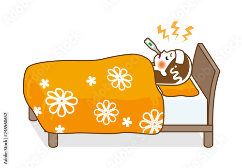Woman rest in bed who suffers fever of disease - Full length, line art