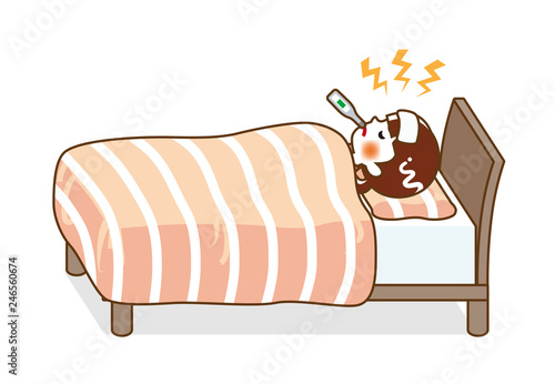 Teenage girl rest in bed who suffers fever of disease - Full length, line art