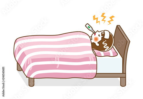 Young woman rest in bed who suffers fever of disease - Full length, line art