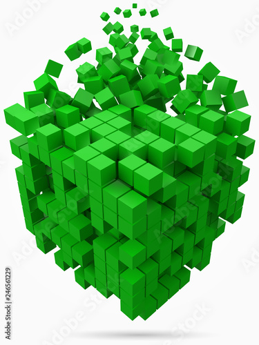 big cubic data block. made with smaller green cubes. 3d pixel style vector illustration.