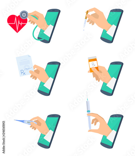 Telemedicine concept illustration set. Doctor's hand from phone screen is checking pulse with stethoscope, holding a pill bottle, rx prescription. Vector flat vector isolated on white background.