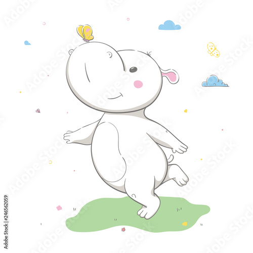 Lovely cute hippo runs on a green meadow with clouds. Butterfly on the nose. Spring card