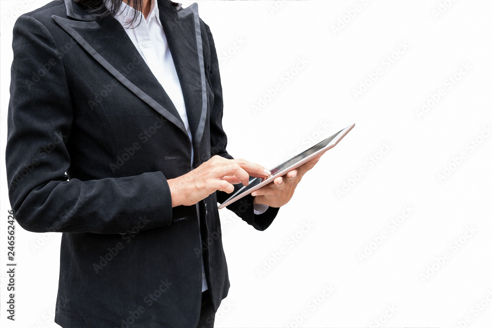 Businesswoman holding tablet and touching on display on white background Businesswoman holding tablet and touching on display on white background