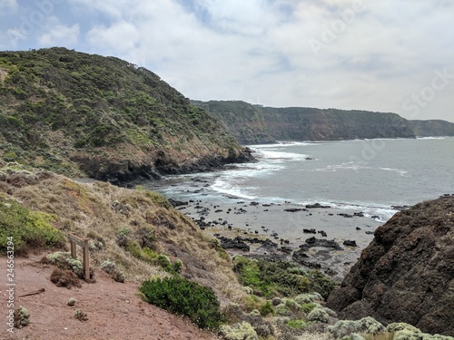 Cape Schanck rock beach with dark black sand.