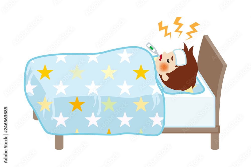 Little boy rest in bed who suffers fever of disease Full length Stock