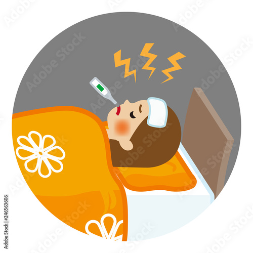 Woman suffers fever of disease - Circular clip art