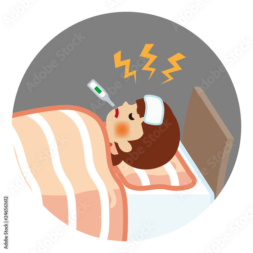 Teenage girl suffers fever of disease - Circular clip art
