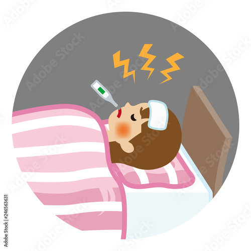 Young woman suffers fever of disease - Circular clip art