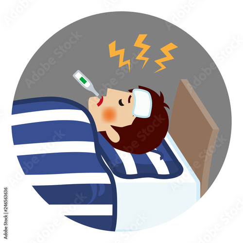 Young man suffers fever of disease - Circular clip art